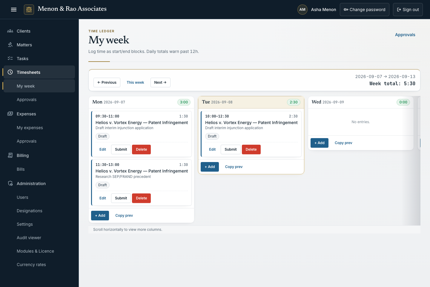 Weekly timesheet with recorded time blocks and approval status. Actual AntChambers interface with fictional demo records.